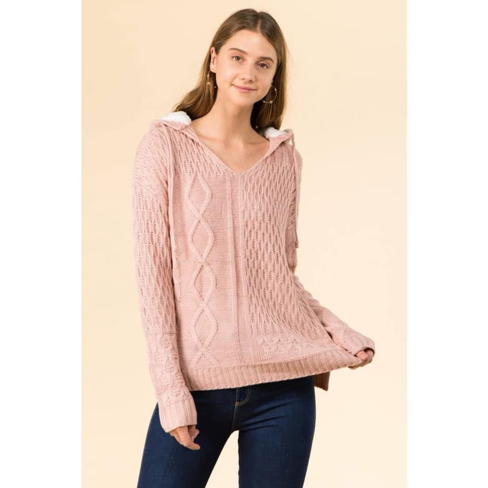 Pastel Pink V-Neck Hooded Cable Knit Sweater